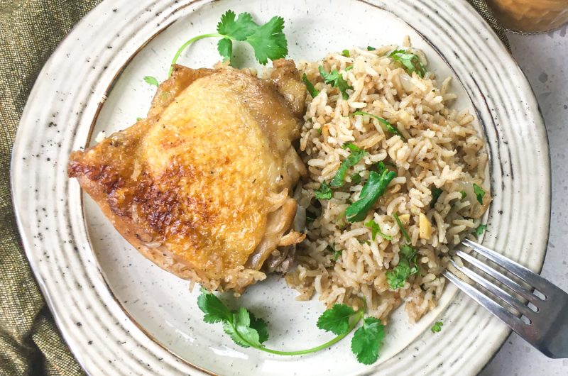 Easy Dutch Oven Chicken and Rice with Spicy Peanut Sauce (Modifications Included)