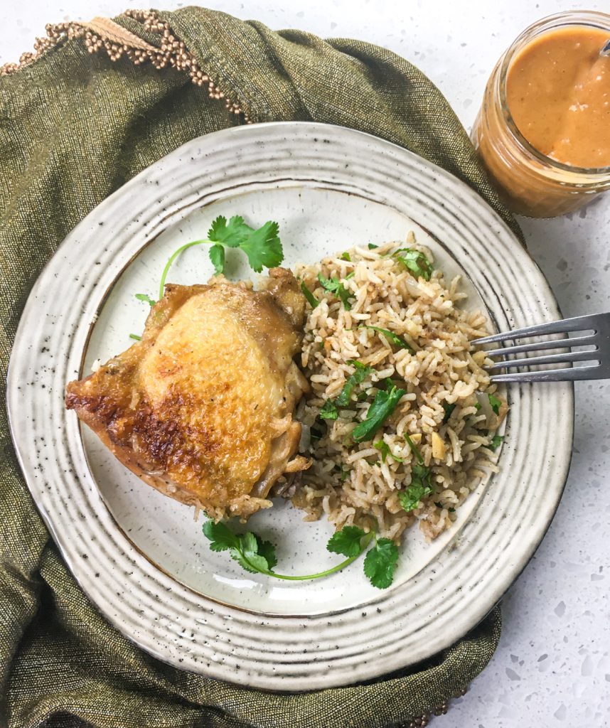 Easy Dutch Oven Chicken and Rice with Spicy Peanut Sauce (Modifications Included)