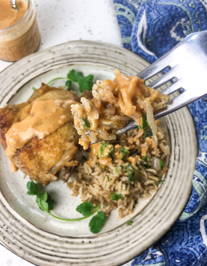 Easy Dutch Oven Chicken and Rice with Spicy Peanut Sauce (Modifications Included)