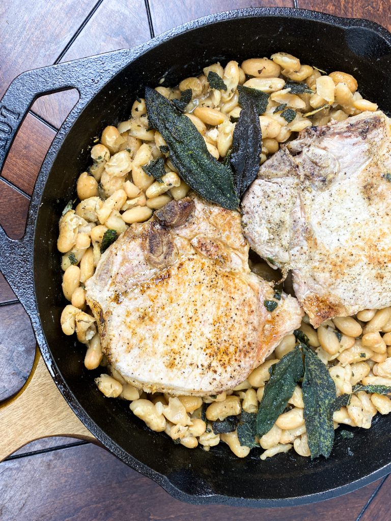 TuscanPorkChops vertical2 Tuscan Pork Chops with White Beans and Crispy Sage
