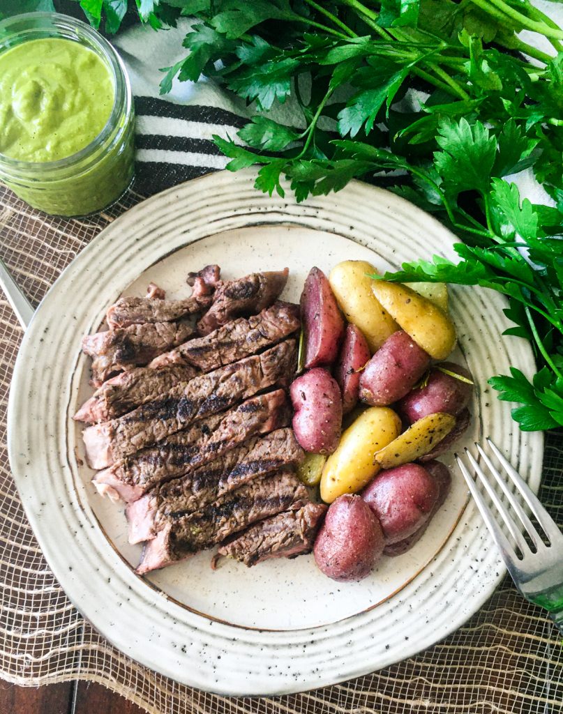 Easy Cast Iron Ribeye with Chimichurri inspired Green Sauce