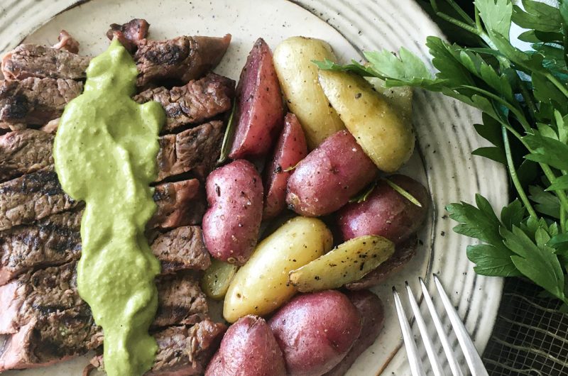 Easy Cast Iron Ribeye with a Flavorful Green Sauce
