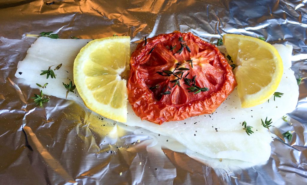 WhiteFish Tomato inprocess horizontal Foil Packet White Fish with Oven-Roasted Tomatoes